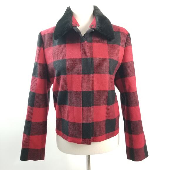 Talbots Italy Red Black Jacket Wool / Lined Faux Fur Collar Removeable EUC 10 P - Picture 1 of 10